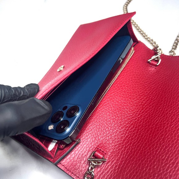 💛SOLD🖤 Red Gucci GG Interlocking Pebbled Leather Wallet On Chain - Picture 12 of 12